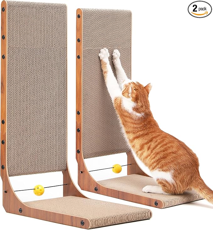FUKUMARU Cat Scratcher, 26.8 Inch Cat Scratch Pad for Indoor Cats, L Shaped Cardboard Vertical Cats Scratching Board with Ball Toy, Walnut Color, 2 Packs