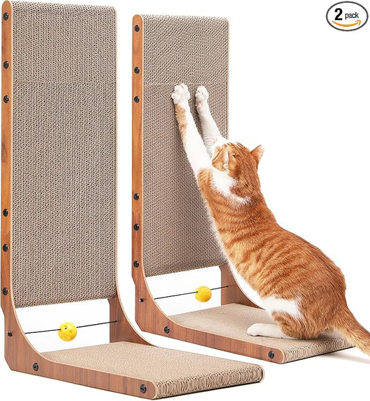 FUKUMARU Cat Scratcher, 26.8 Inch Cat Scratch Pad for Indoor Cats, L Shaped Cardboard Vertical Cats Scratching Board with Ball Toy, Walnut Color, 2 Packs
