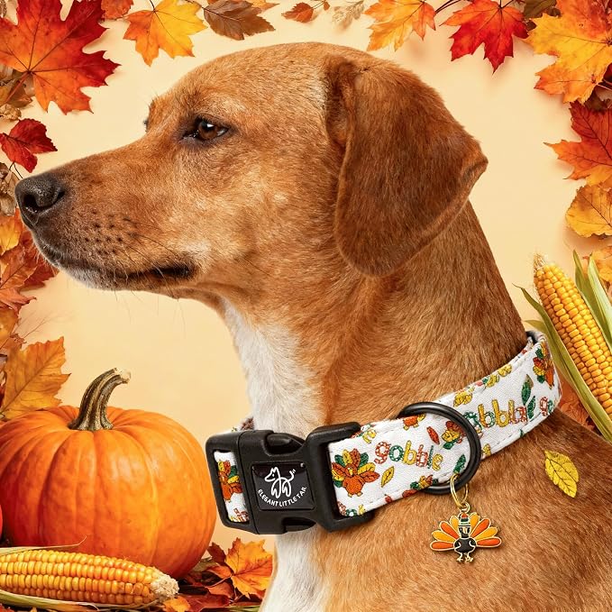 Elegant little tail Thanksgiving Dog Collar, Turkey Print Cotton Soft Plastic Buckle Sturdy Puppy Collars Holiday Female or Male Adjustable Collar for Large Dogs