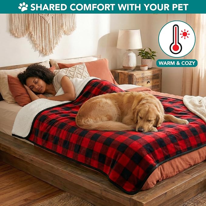 PETAMI Sherpa Fleece Waterproof CAT and Dog Blanket, Checkered RED, X-Large