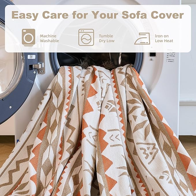 Couch Cover for Dogs Washable Sofa Cover, Sectional Couch Covers, Sofa Covers for 2 Cushion Couch, Non Slip Stripe Sofa Slipcovers Furniture Protector (Khaki Orange, 71 * 150)