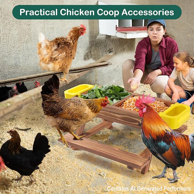 Boulphia Chicken Feeders and Waterers, Chicken Feeder No Waste Kit with Picnic Table and 2 Water Feeder, Handmade Wooden Chicken Supplies & Accessories for Chicken Coop