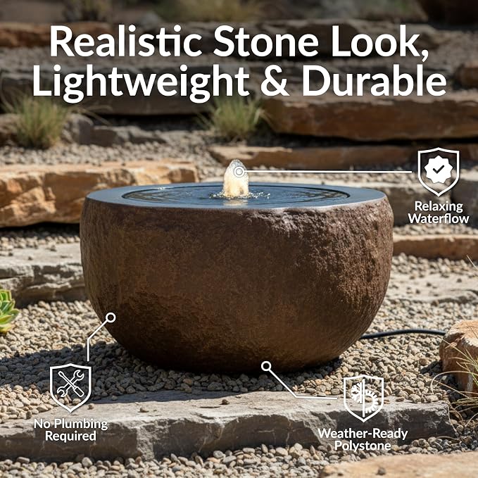 Sunnydaze Outdoor Water Fountain with LED Light - Polystone Round Bowl Bubbler Water Feature with Pump - 9.5" H - for Patio, Garden, Deck, Relaxation and Stress Relief - Brown