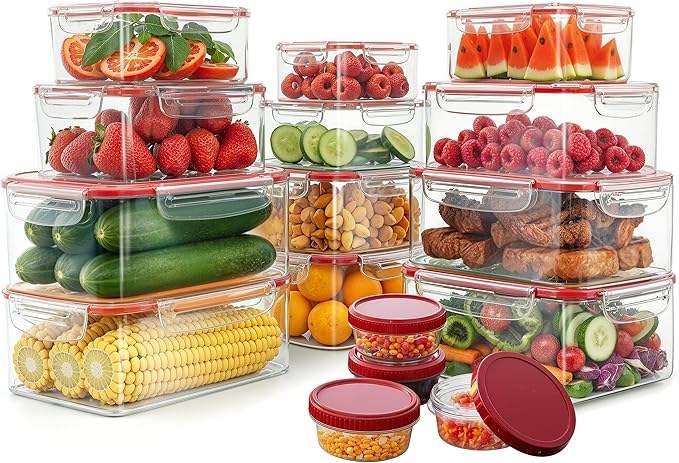 Utopia Kitchen Plastic Food Containers - Food Storage Containers with Airtight Lids - Reusable Lunch Boxes - Leak Proof (Red, Pack of 32)