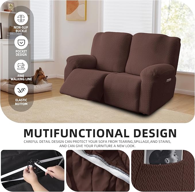 Genina Recliner Loveseat Covers, Stretch Reclining Sofa Covers, 2 Seater Couch Cushion Stripe Jacquard Recliner Slipcovers - Furniture Protector Covers for Pet Kid (Chocolate)