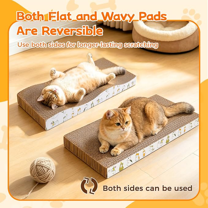 PatiencET Cat Scratcher Cardboard Pads for Indoor Cats, 4-Pack Mixed Flat and Wavy, Catnip Included