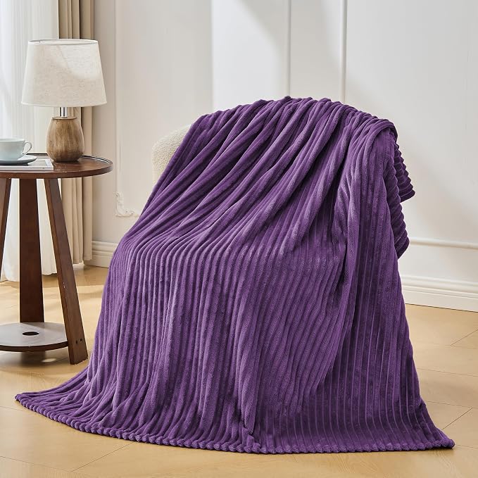 Bnuitland Fleece Throw Blanket, 300GSM Soft Warm Cozy Fluffy Throw for Babys & Pets, Stripe Pattern, All Season Sofa Bed Blanket for Home Decor, Dark Purple 50"x70"