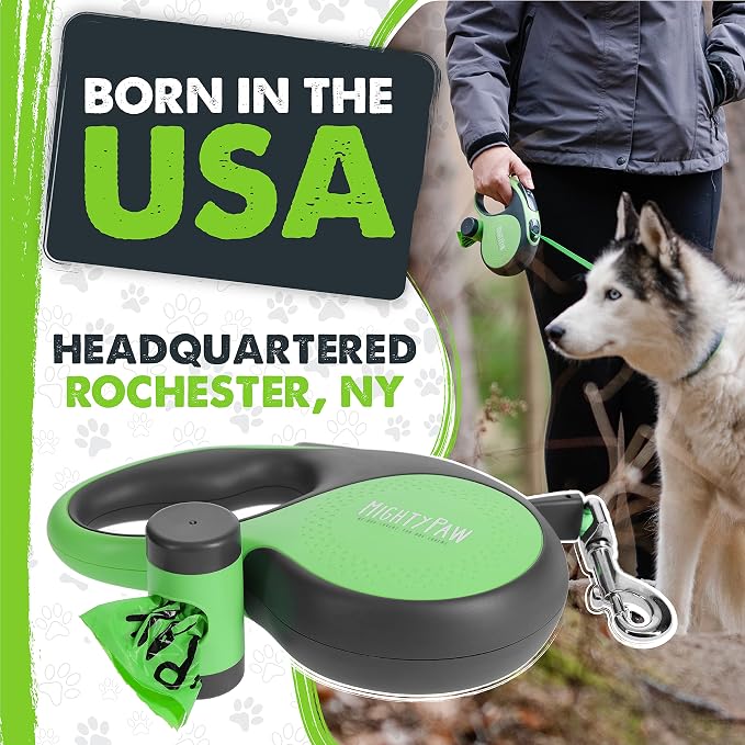 Mighty Paw Retractable Leash with Built-in Poop Bag Holder | 16' Long Retractable Dog Leash for Small Dogs, Medium Breeds & Large Pets with Tape for Quick Control. Poop Bags Included
