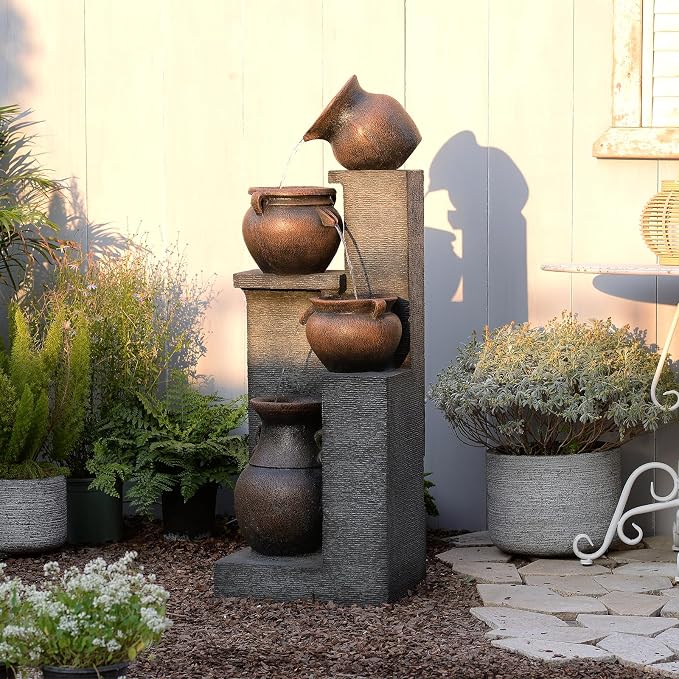 Resin Outdoor Water Fountain 4-Tier Jar Waterfall - Quiet Pump, LED Lights, Rustic Jar Cascading Water Feature for Garden Patio Backyard Decor, 53" H Fountain, Grey