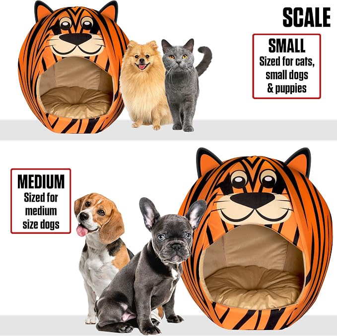 Maccabi Art Tiger Theme Dog Bed - Cute Igloo Style Pet Bet - Fits Small Dogs, Puppies, Cats - Pillow Insert with Plush Lined Interrior, Non-Slip Igloo Design - 16 x 16 x 18