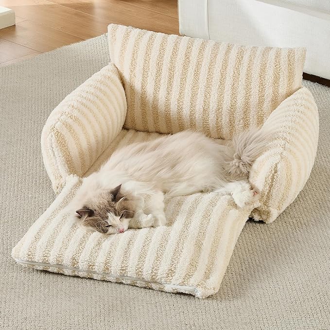 Hollypet Cat Bed Fluffy Plush Multifunctional Double-Layer Machine Washable Soft Warming Kitty Pet Couch Orthopedic Nest Beds for Small Cats Kitten and Dogs up to 13lbs, Beige(25x20x13 inch)