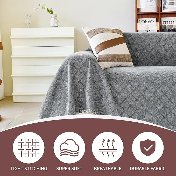 VANJOROY Grey Couch Cover Chenille for 2 Cushion L-Shape Loveseat, Washable Sofa Couch Cover Protector Soft Sofa Slipcovers for Pets Dog with Tassel,71"x 102"