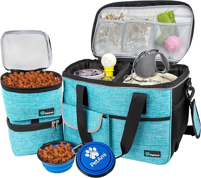 PetAmi Dog Travel Bag Organizer, Pet Travel Kit with 2 Food Containers & 2 Collapsible Dog Bowls, Pet Supplies Tote with Luggage Sleeve, Weekend Road Trip Camping Essentials, Teal Blue, Medium