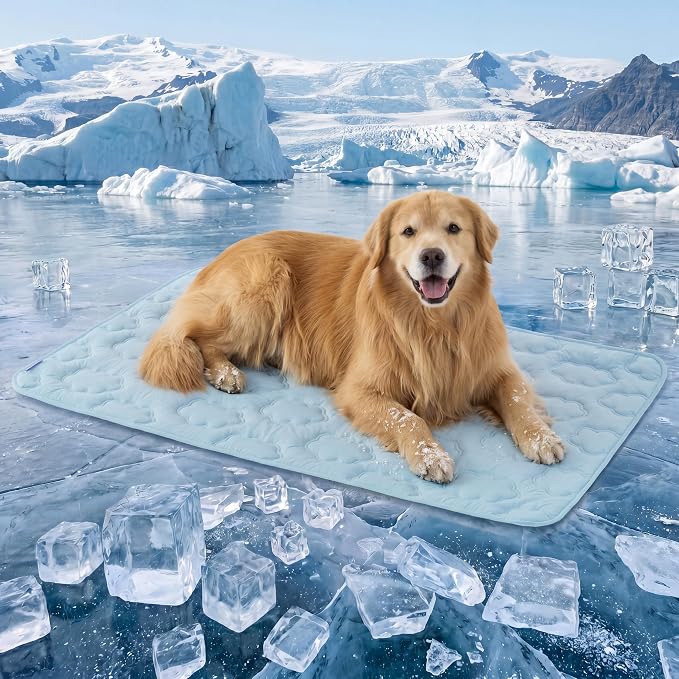 LE SURE Dog Cooling Mat for Extra Large Dogs -Q-Max>0.5 XXL Breathable Thin Cool Crate Pad with Chill Cold Fiber and Mesh Base Design, Portable Washable Pet Kennel Mat for Summer, 48x30,Blue