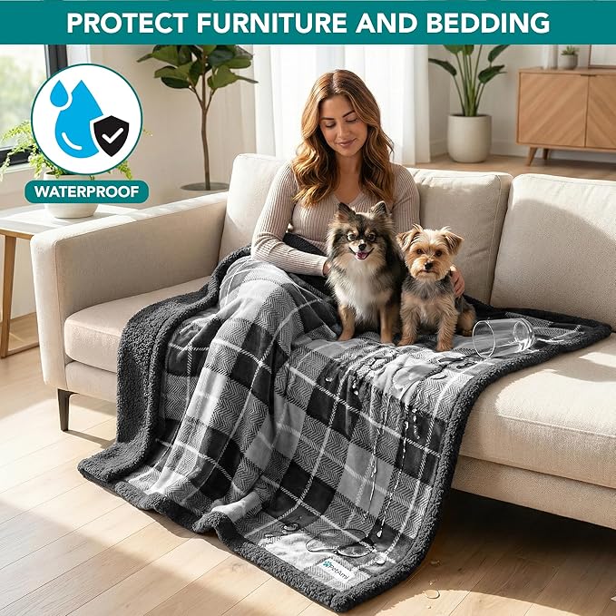 PetAmi Waterproof Dog Blanket for Couch, Large 60x40, Pee Proof Sherpa Fleece Reversible Pet Throw, Furniture Protector for Bed Sofa Kennel, Soft Washable Cover for Medium Dogs Cats, Plaid Dark Grey