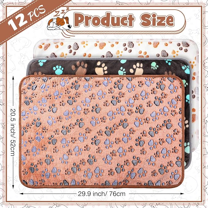 Tegeme 12 Pcs Pet Blankets 30 x 20 Inch Soft Fluffy Fleece Dog Cat Warm Paw Print Pattern Blankets Flannel Throw for Pets Dog Puppy Cat(Dark Gray, White, Camel)