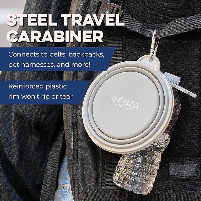 Bonza Collapsible Dog Bowls - Medium 25 oz, Dog Travel Accessories, Silicone Portable Dogs Bowl & Water Dish with Reinforced Rim & Carabiner for Hiking, Camping, and Car Trips, Black