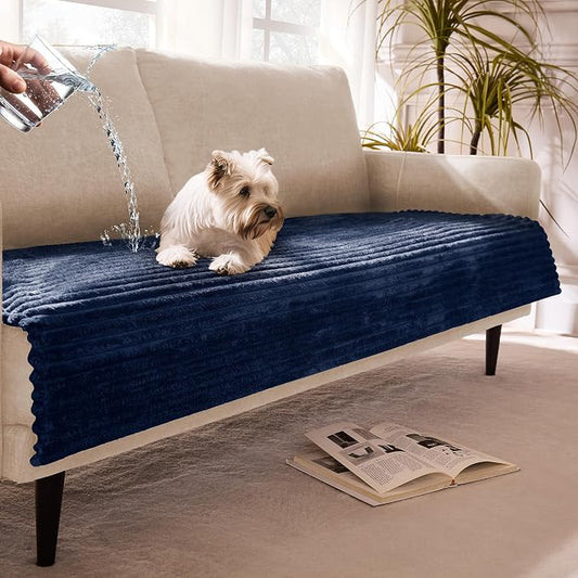 Dual Non-Slip Couch Cover for Dogs Waterproof, Fuzzy Soft Pet Couch Covers for Sofa 3 Cushion, Pet Friendly Soft Dog Bed Covers Sofa Cover Washable (Navy Blue, 33" x 75" 1 Pack)