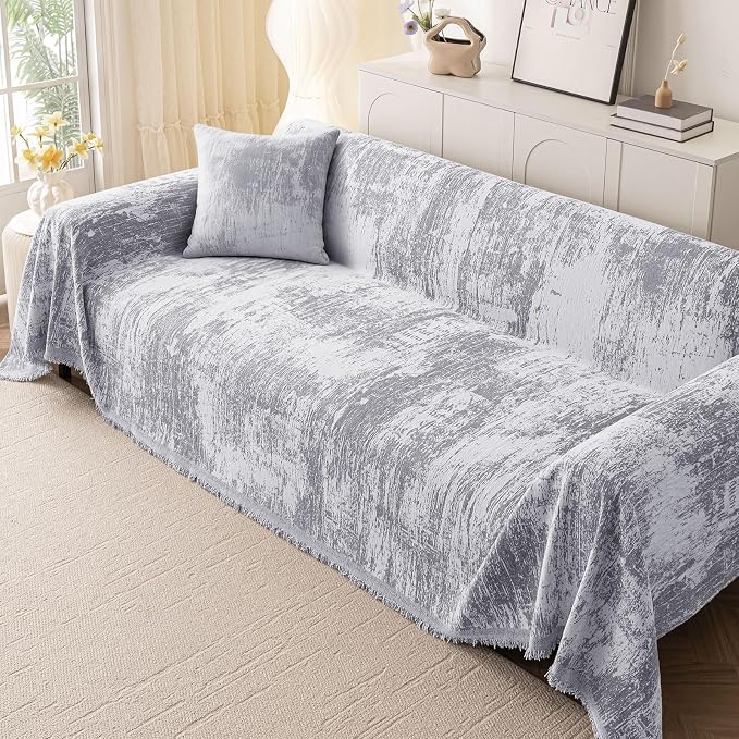 hyha Couch Cover for Dogs, Boho Sofa Covers for 3 Cushion Couch Washable, Chenille Sofa Slipcover for Pets, Soft Loveseat Sectional Couch Throw Blankets with Tassels (Grey/White, 88.5x118 Inch)