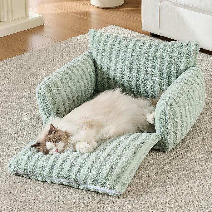 Hollypet Cat Bed Fluffy Plush Multifunctional Double-Layer Machine Washable Soft Warming Kitty Pet Couch Orthopedic Nest Beds for Small Cats Kitten and Dogs up to 13lbs, Light Green(25x20x13 inch)