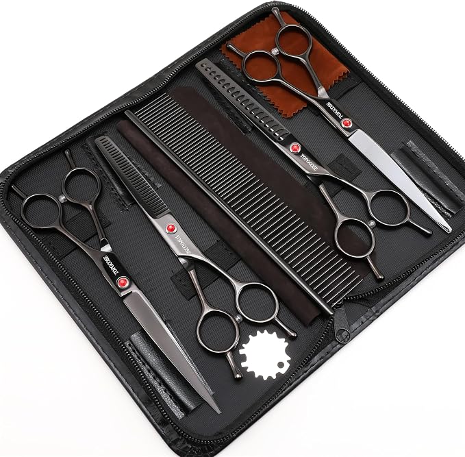 Dog Grooming Scissors Kit, Professional 6 in 1 Pet Scissors Sharp Shears Set - Straight, Thinning, Chunker, Curved Shears and Comb for Long Short Hair for Dog Cat (Set, Black)