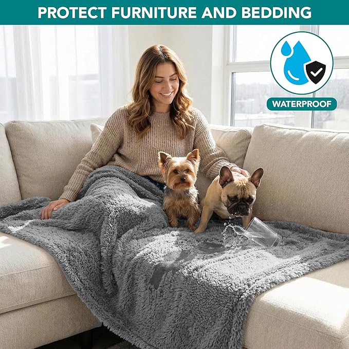 PetAmi Fluffy Waterproof Dog Blanket for Couch and Bed, Reversible Sherpa Pet Throw, Pee Proof Furniture Protector Sofa Cover, Washable Cat Blanket for Small Medium Dogs and Cats (Light Grey, 24x32)