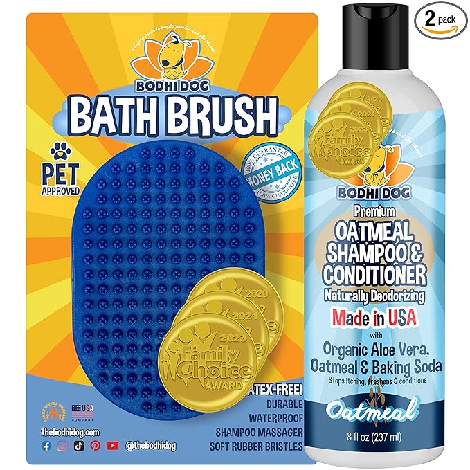 Bodhi Dog Shampoo Brush & Oatmeal Shampoo and Conditioner Bundle - Soothes and Moisturizes Dry, Itchy Skin - Bath Bundle for Shower, Showerhead, Sprayer & Bathing