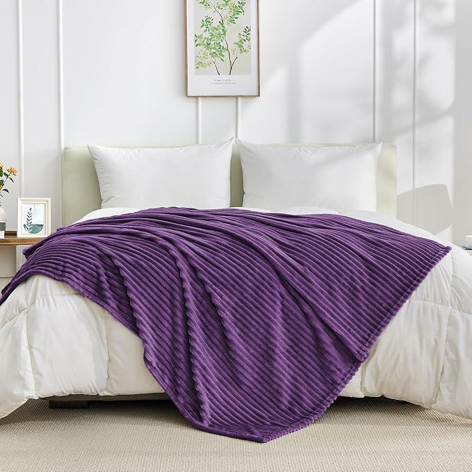 Bnuitland Fleece Throw Blanket, 300GSM Soft Warm Cozy Fluffy Throw for Babys & Pets, Stripe Pattern, All Season Sofa Bed Blanket for Home Decor, Dark Purple 50"x70"