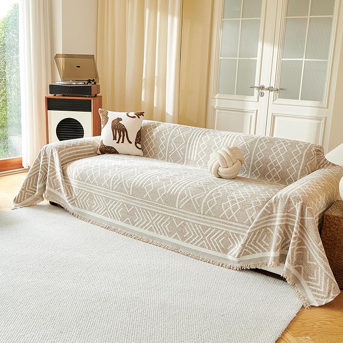 MEETSKY Boho Couch Cover Sofa Covers, Chenille Geometric Khaki Couch Covers for 2 Cushion Couch Sofa for Dogs, Washable Slipcover for Cat Sofa Protector with Tassels,71" x 118"
