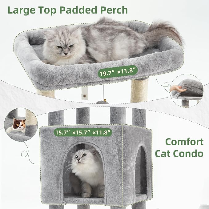 Gitelsnour Cat Tree for Indoor Cats Large Adult, Heavy Duty Cat Tree for Large Cats 20 lbs+, Cat Condo with Big Wooden Perch, Cat Tower with 14 Scratching Posts, Hammock, Light Gray GCT023W