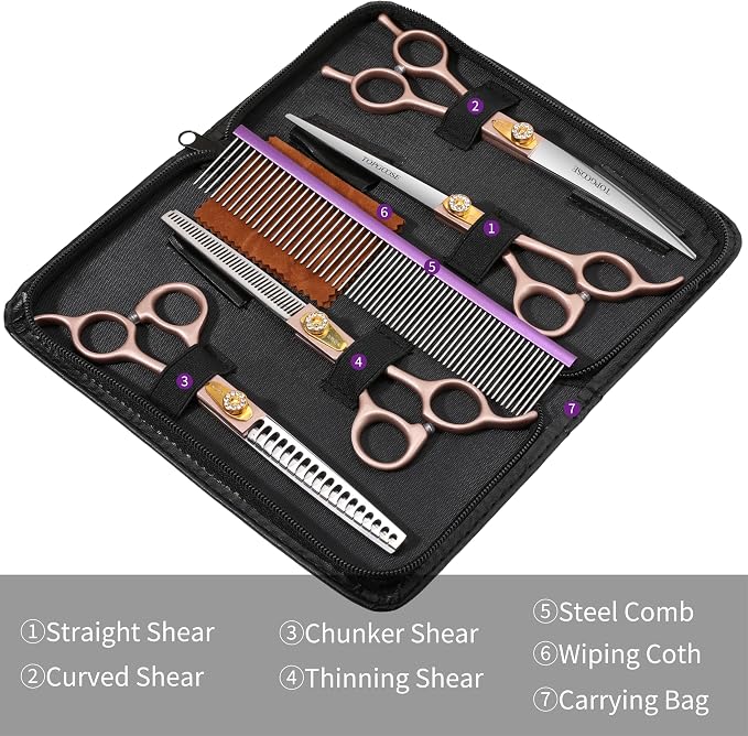 7.5‘’ Professional Dog Grooming Scissors Set 440C Stainless Steel Straight Thinning Curved Chunker Shears 4PCS Set for Pet Grooming Services Dogs and Cats (Rose Gold, Set)