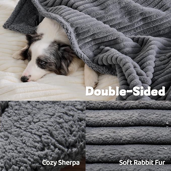 Qeils Waterproof Calming Dog Blanket for Large Dogs, Noiseless Soft Plush Pet Blanket for Bed, 500GSM Thick Faux Fur Pet Throw, Cozy Couch Furniture Protection Washable, Charcoal Grey, 60x80IN