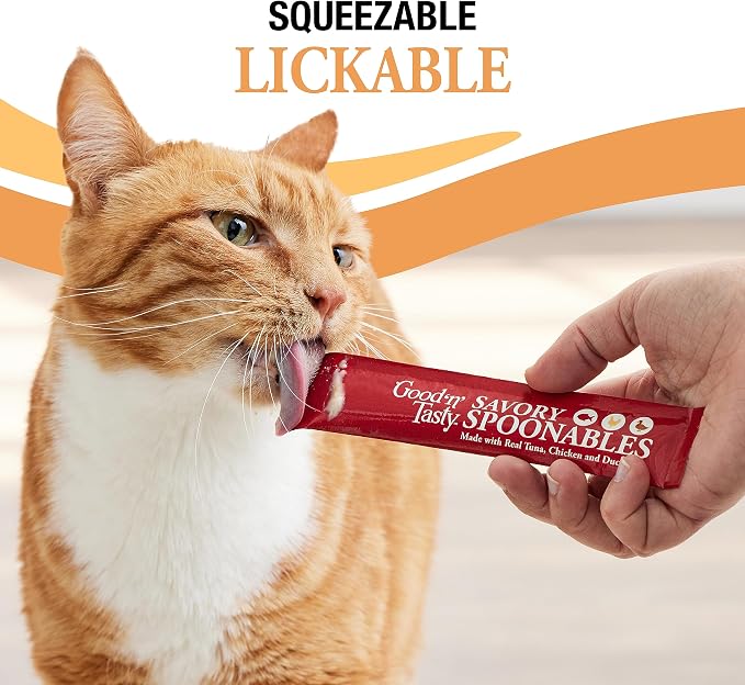 Good ‘n’ Tasty Savory Spoonables with Real Tuna, Chicken & Duck, 6 Count Tube, Triple Flavor Squeezable Lickable Wet Treats for Cats with Built-in Spoon for Less Mess (Pack of 2)