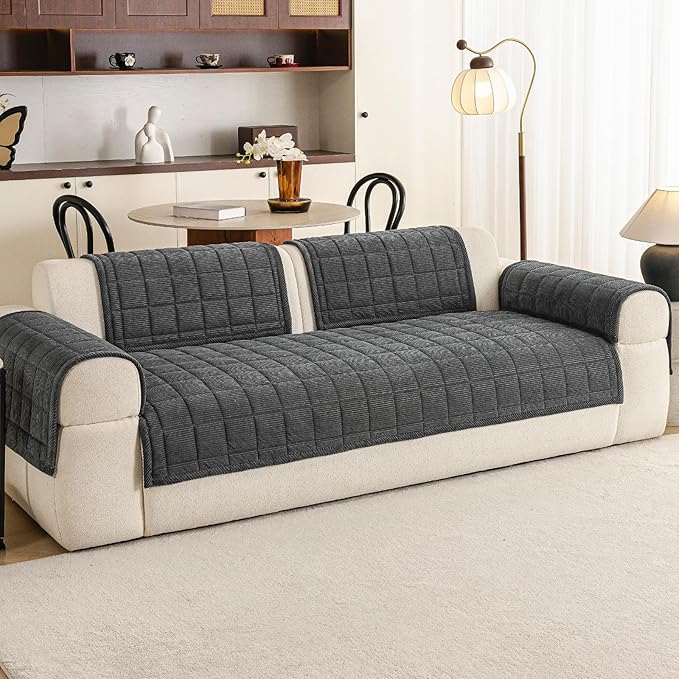 Velvet Couch Covers for Sectional Sofa Washable, Non-Slip L Shaped Sectional Couch Cover, Soft Pet Couch Covers for Sofa, Furniture Slipcovers for 2-3 Cushion Couch(1PC,35"x71",Dark Grey)