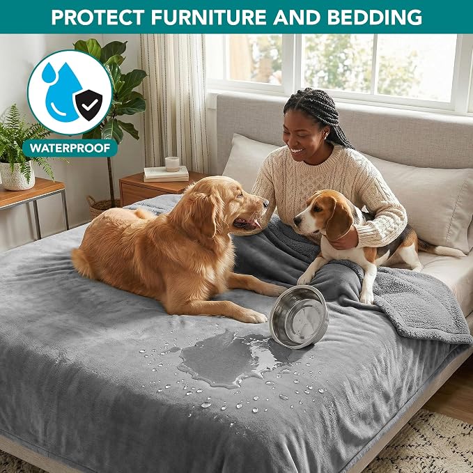 PetAmi Waterproof Dog Blanket for Couch, Queen 90x90, Pee Proof Sherpa Fleece Reversible Pet Throw, Furniture Protector for Bed Sofa, Soft Washable Cover for Large Dogs Cats, Light Grey