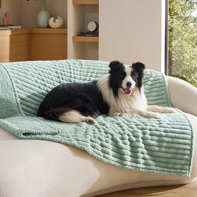 Bedsure ComfyFleece™ Waterproof Dog Blankets for Large Dogs - Soft Pet Cat Blanket Corduroy Fleece for Couch Bed Protector Washable, Cozy Calming Reversible Furniture Protection,50"x60", Garden Green