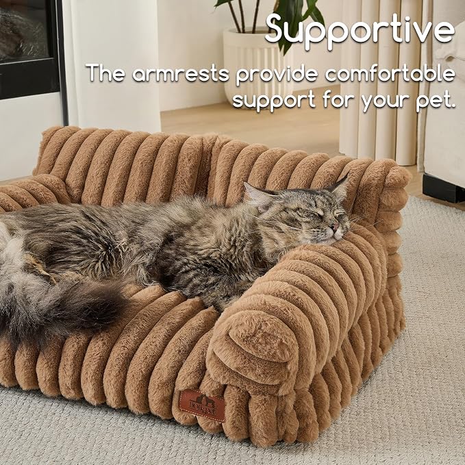 Hollypet Fluffy Dog Cat Bed Pet Couch Beds Plush Soft Warming Machine Washable Puppy Bed with Non-Slip Bottom for Cats and Small Medium Dogs up to 25 lbs, Brown, 24" L x 18" W x 10" Th