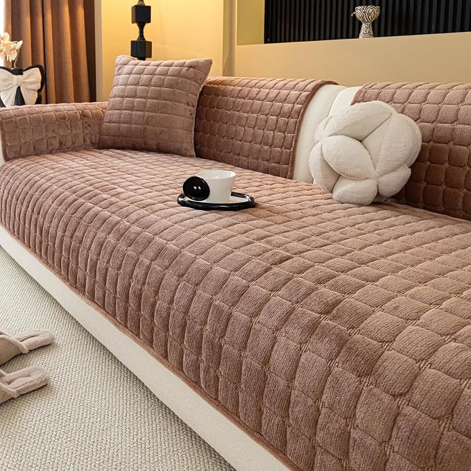Velvet Couch Cover, Plush Sectional Sofa Cover Washable, Anti Slip Sofa Slipcover for 3 Cushions Sofas, Furniture Protector Covers for Pets & Kids(1PC, Dark Brown, 35.4"×71", 3-Seater)