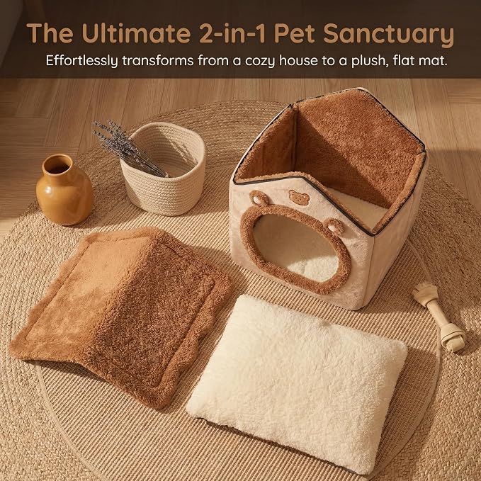 AED Cave-Style Dog Bed with Non-Slip Bottom, Enclosed Pet Bed for Small Dogs & Cats, M Size Cozy Tent House for 6-11 Lb Puppies and 9-17 Lb Kittens, Brown
