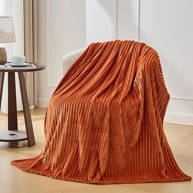 Bnuitland Burnt Orange Fleece Throw Blanket for Couch, 300GSM Soft Warm Cozy Fluffy Throw for Adults & Kids, Stripe Pattern 50"x70", All Season Sofa Bed Blanket for Home Decor