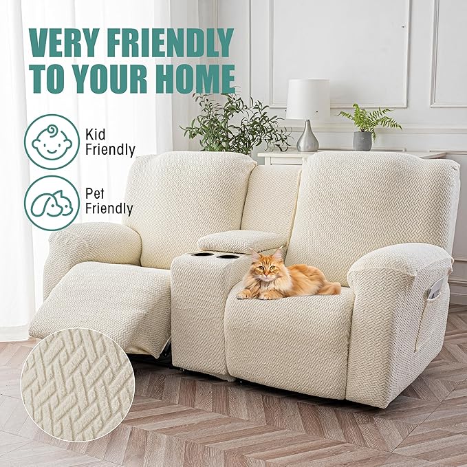 Genina Recliner Loveseat Covers with Console, Stretch Reclining Sofa Covers, 2 Seater Couch Cushion Stripe Jacquard Recliner Slipcovers - Furniture Protector Covers for Pet Kid (Beige)