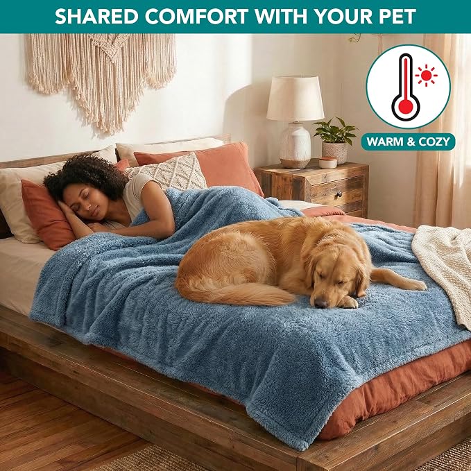 PetAmi Fluffy Waterproof Dog Blanket for Couch and Bed, Reversible Sherpa Pet Throw, Pee Proof Furniture Protector Sofa Cover, Washable Cat Blanket for Medium Large Dogs and Cats (Dusty Blue, 40x60)