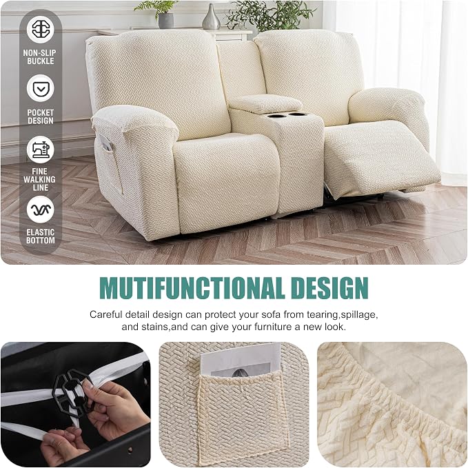 Genina Recliner Loveseat Covers with Console, Stretch Reclining Sofa Covers, 2 Seater Couch Cushion Stripe Jacquard Recliner Slipcovers - Furniture Protector Covers for Pet Kid (Beige)