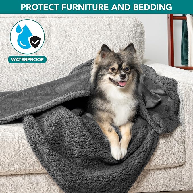 PetAmi Waterproof Dog Blanket for Couch, Pee Proof Fleece Reversible Pet Throw, Furniture Protector for Bed Sofa Kennel, Soft Washable Cover for Small Medium Dog Puppy Cat, 29x40 Dark Grey Sherpa