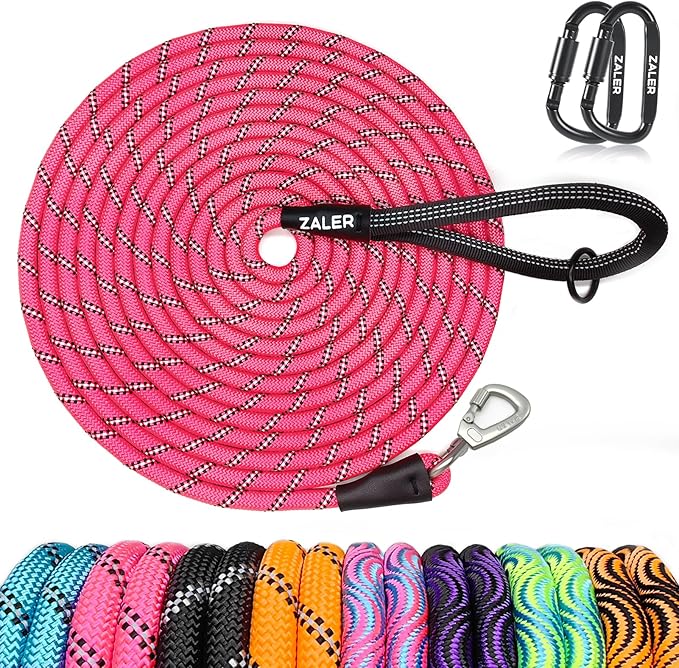 ZALER Long Dog Leash, 50 feet 30ft 20ft 15ft 10ft Dog Training Lead, Heavy Duty Reflective Check Cord Recall Leash for Dogs Training, Playing, Camping, or Backyard (20FT, Pink)
