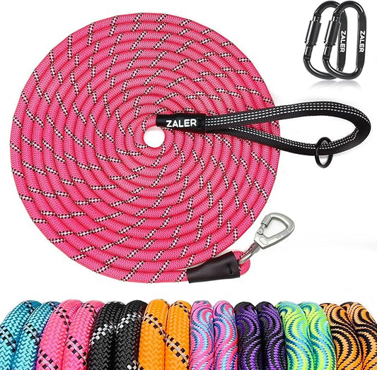 ZALER Long Dog Leash, 50 feet 30ft 20ft 15ft 10ft Dog Training Lead, Heavy Duty Reflective Check Cord Recall Leash for Dogs Training, Playing, Camping, or Backyard (20FT, Pink)