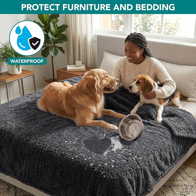 PetAmi Fluffy Waterproof Dog Blanket for Couch and Bed, Reversible Sherpa Pet Throw, Pee Proof Furniture Protector Sofa Cover, Washable Cat Blanket for Medium Large Dogs and Cats (Grey, 60x80)