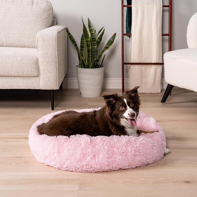 PetAmi Calming Dog Bed for Small & Medium Dogs, Cats & Puppy, Warming Round Donut Cuddler Bed, Anti-Anxiety Fluffy Shaggy Faux Fur Pet Bed, Machine Washable, Non-Slip Bottom, 30 Inch - Pink