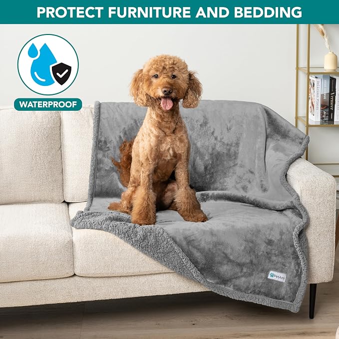 PetAmi Waterproof Dog Blanket for Couch, Large 60x40, Pee Proof Sherpa Fleece Reversible Pet Throw, Furniture Protector for Bed Sofa Kennel, Soft Washable Cover for Medium Dogs Cats, Light Grey