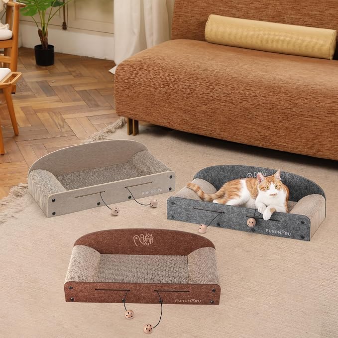 FUKUMARU 26 Inch Large Cat Scratcher Bed, 2 Reversible Cardboard Cat Scratch Pads Refill for Indoor Cats, Durable Cats Scratching Bed Sofa Couch Lounger with Fun Toys, Furniture Protector, Grey